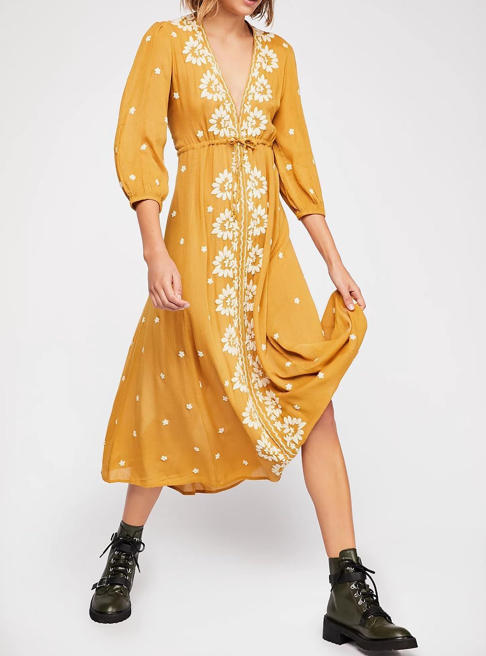 Women Boho Floral Maxi Dress Puff Sleeve V Neck Long Dress Bohemian Flowy Tiered Dress Loose Fit Shirt Dress