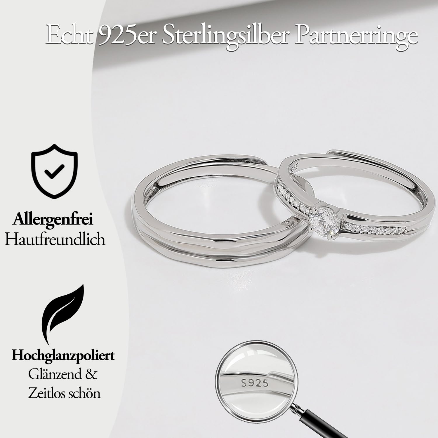 Meissa 925 Sterling Silber Breite Eheringe für Herren, handgefertigter Diamantring für Damen, passende Versprechensringe größenverstellbares Paar-Ring-Set