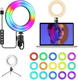 6'' Video konferenz Ringlicht mit Clip&Stativ,Laptop Webcam Beleuchtung，15 RGB &12 Helligkeitsstufen,USB Aufladung für Fer...