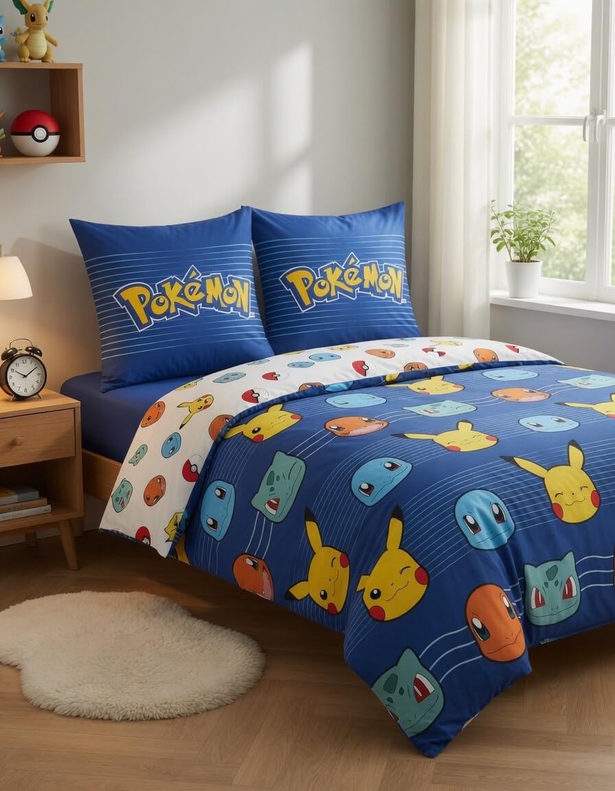 Pokémon Funda Nórdica Cama 150 240x220 + 2 Fundas Pikachu Reversible | Ropa de cama 2 personas | Microfibra Oeko-Tex secado rápido | Pikachu Charmander Bulbasaur Squirtle | 2 diseños | Regalo