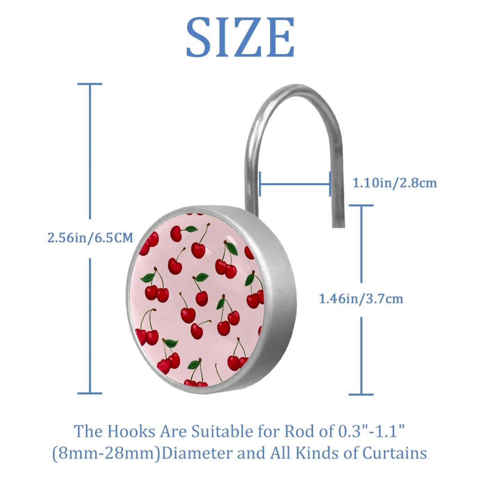 12pcs Glass Shower Curtain Hooks, Rust Resistant Decorative Shower Rings for Bathroom Living Room,Stainless Steel Hooks for Shower Curtain and Liner Rods (Pink Cherry Pattern)