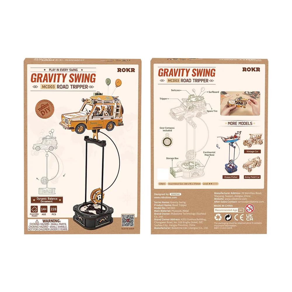 ROKR Puzzle 3D samochód retro zbudowany drewniany model, huśtawki grawitacyjne dekoracja biurka, prezenty dla dzieci i dorosłych, Road Tripper, MCD03