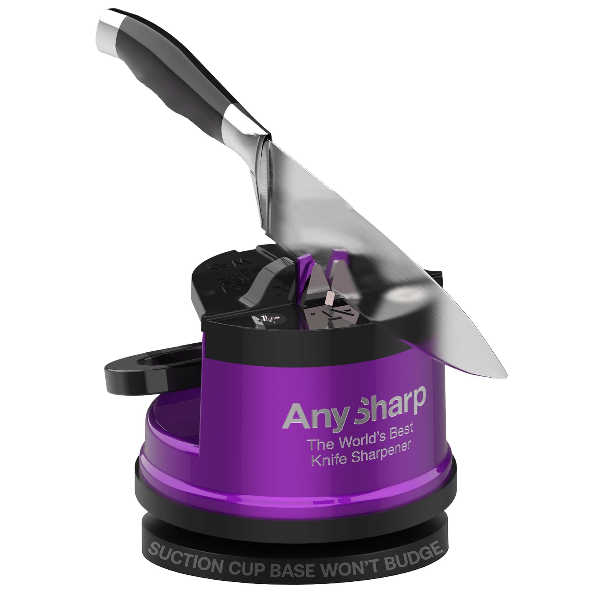 PRO – Hands Free Knife Sharpener - Easy to Use Sharpening Tool with PowerGrip Suction Base and 20-Degree Pre-set Angle - For All Knives: Chef’s, Serrated, and Hardened Steel - Purple (UV)