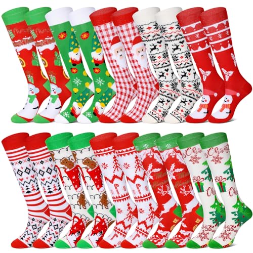 Suhine 10 Pairs Christmas Compression Socks - Long Knee High Holiday Socks for Women Men