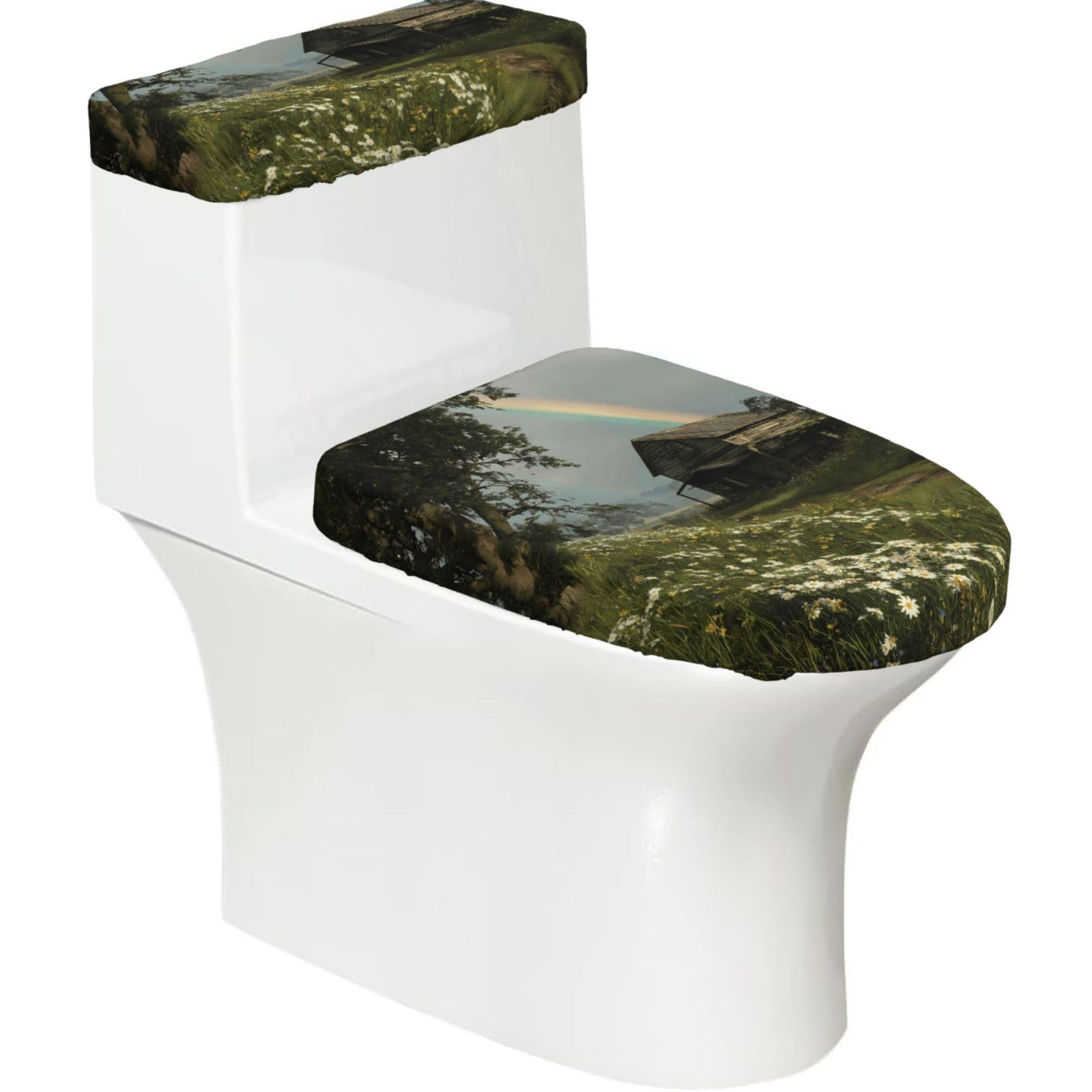 A House 2-Piece Toilet Seat Cover Set with Tank Lid, Elastic Fit for U-Shape & Elongated Toilets, Bathroom Decor, Housewarming Gift
