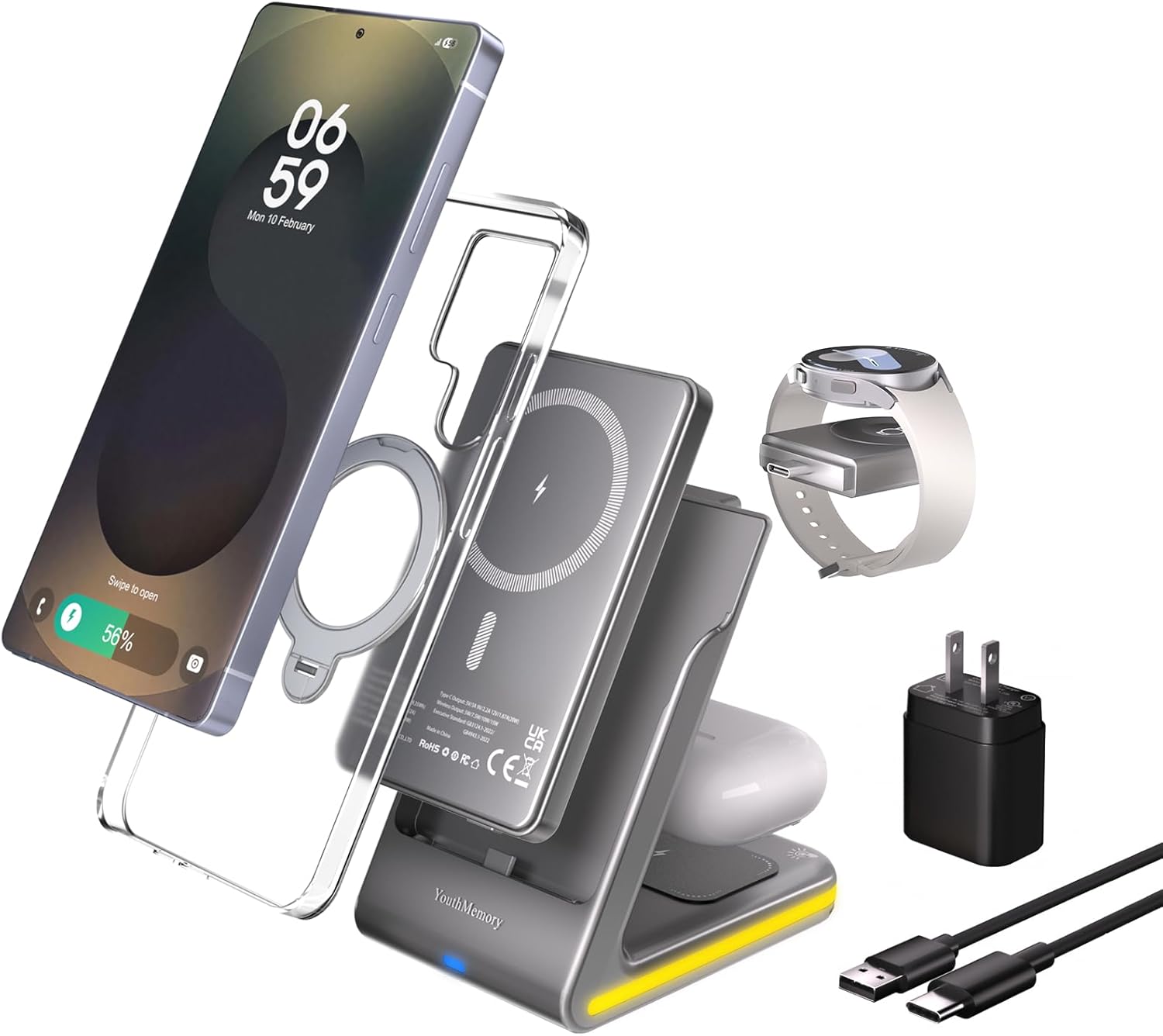 wireless charger for samsung charging station,5 in 1 magnetic charging stand with portable power bank for samsung galaxy s25 ultra s24 s23 fe s22 s21 s20 s10 s9 s8,iphone 17 pro max plus with adapter grey1-with adapter