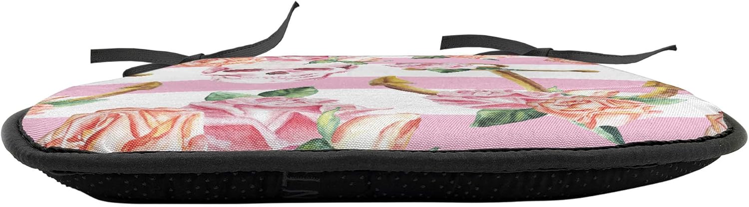 Ambesonne Nautical Chair Seating Cushion Set of 4, Watercolor Art Marine Skull and Anchor with Roses Vintage Feminine Pattern, Anti-Slip Seat Padding for Kitchen & Patio, 16"x16", Pink Green White