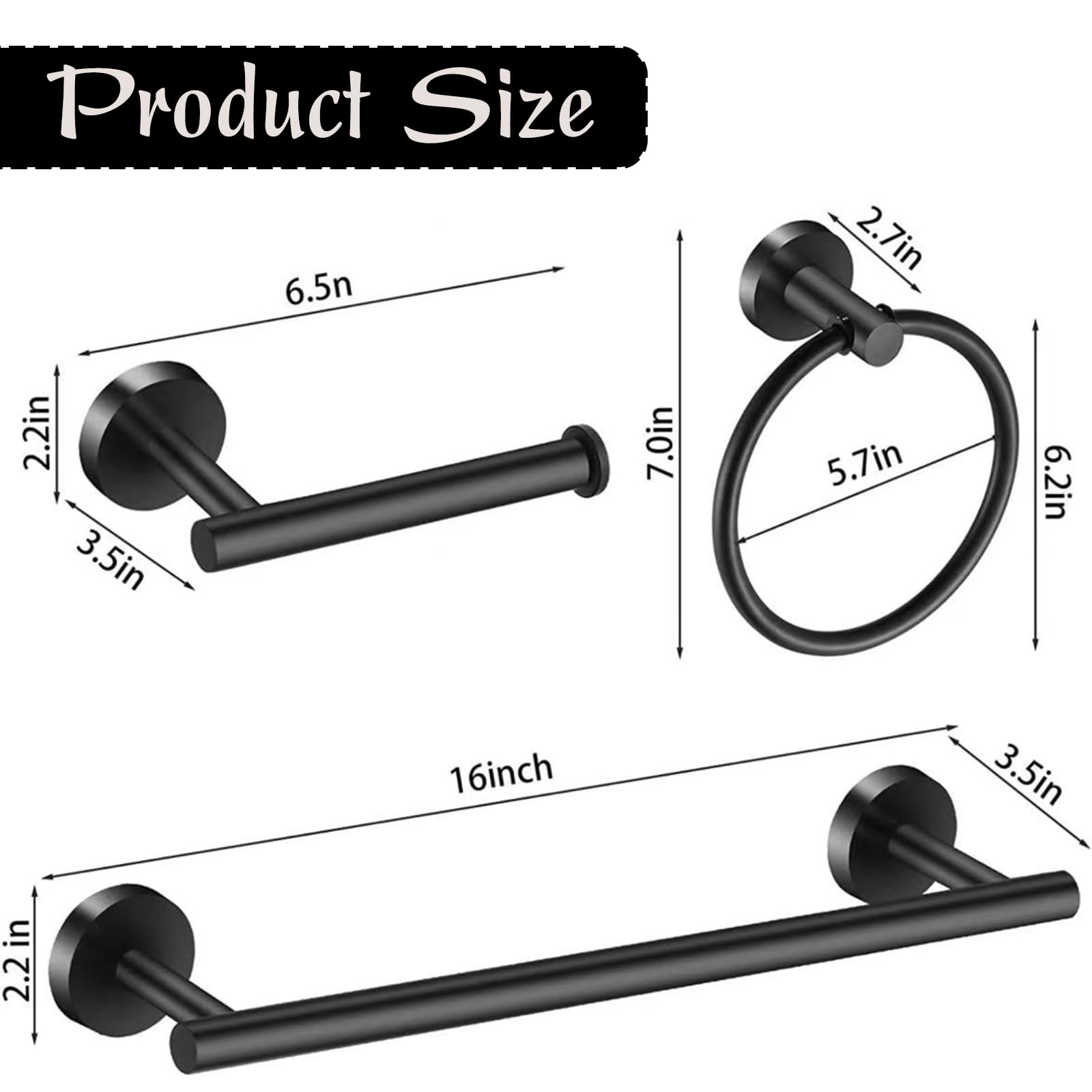 3-Piece Bathroom Towel Holder Set, 15 Inch Black Towel Bar, Toilet Paper Holder & Towel Ring - Image 2