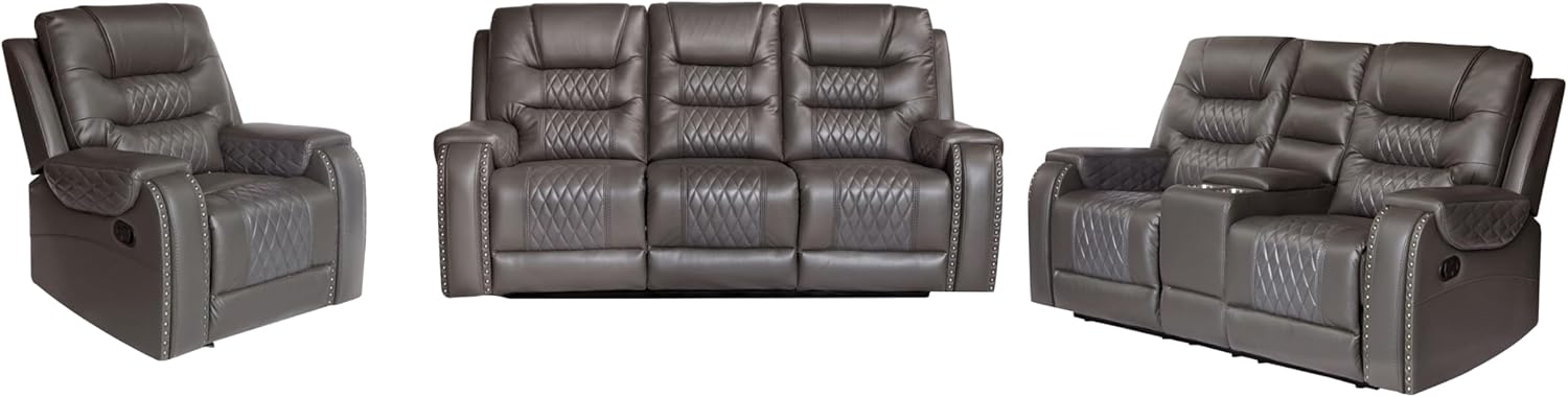PU Leather Sofa Set, 3 Pieces Living Room Set with Cup Holders, Manual Recliner Sofa &Loveseat & Chair, Gray