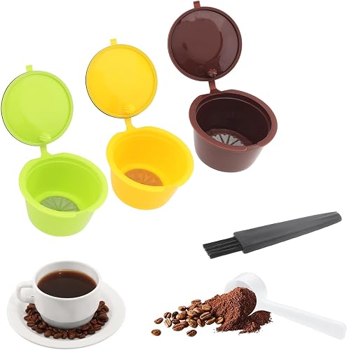 Reusable Coffee Capsule Filters 3Pcs, Colorful Coffee Filters for Nescafe Dolce Gusto Brewers Machine, Reusable Refillable Coffee Pods Capsule Filter Cups Kit with Cleaning Brush and Measuring Spoon