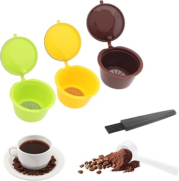Reusable Coffee Capsule Filters 3Pcs, Colorful Coffee Filters for Nescafe Dolce Gusto Brewers Machine, Reusable Refillable Coffee Pods Capsule Filter Cups Kit with Cleaning Brush and Measuring Spoon