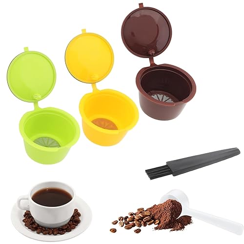 Reusable Coffee Capsule Filters 3Pcs, Colorful Coffee Filters for Nescafe Dolce Gusto Brewers Machine, Reusable Refillable Coffee Pods Capsule Filter Cups Kit with Cleaning Brush and Measuring Spoon