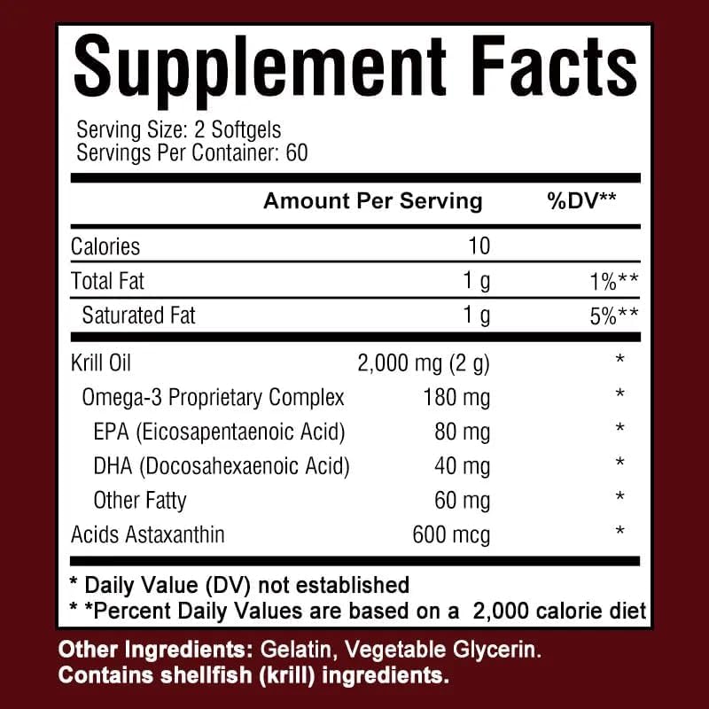 Huile de krill antarctique 2000 mg (120 gélules) avec suppléments d'oméga-3 EPA, DHA et astaxanthine