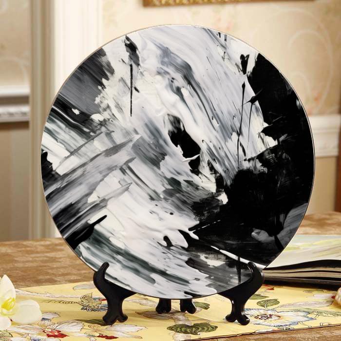 Large Ceramic Decorative Plate with Display Stand 10 Inch Round Plate for Home Decor and Table Decor Impressionist Black and White Lines Design Perfect for Home and Parties Wall and Table Decor.