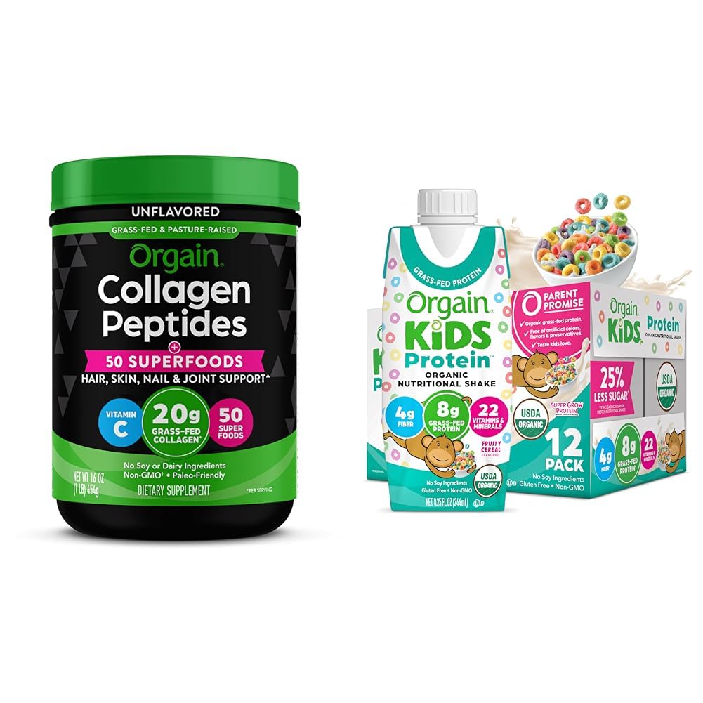 Bundle of Orgain Hydrolyzed Collagen Powder + 50 Organic Superfoods, 20g Grass Fed Collagen, 1lb + Orgain Organic Kids Nutritional Protein Shake, Fruity Cereal
