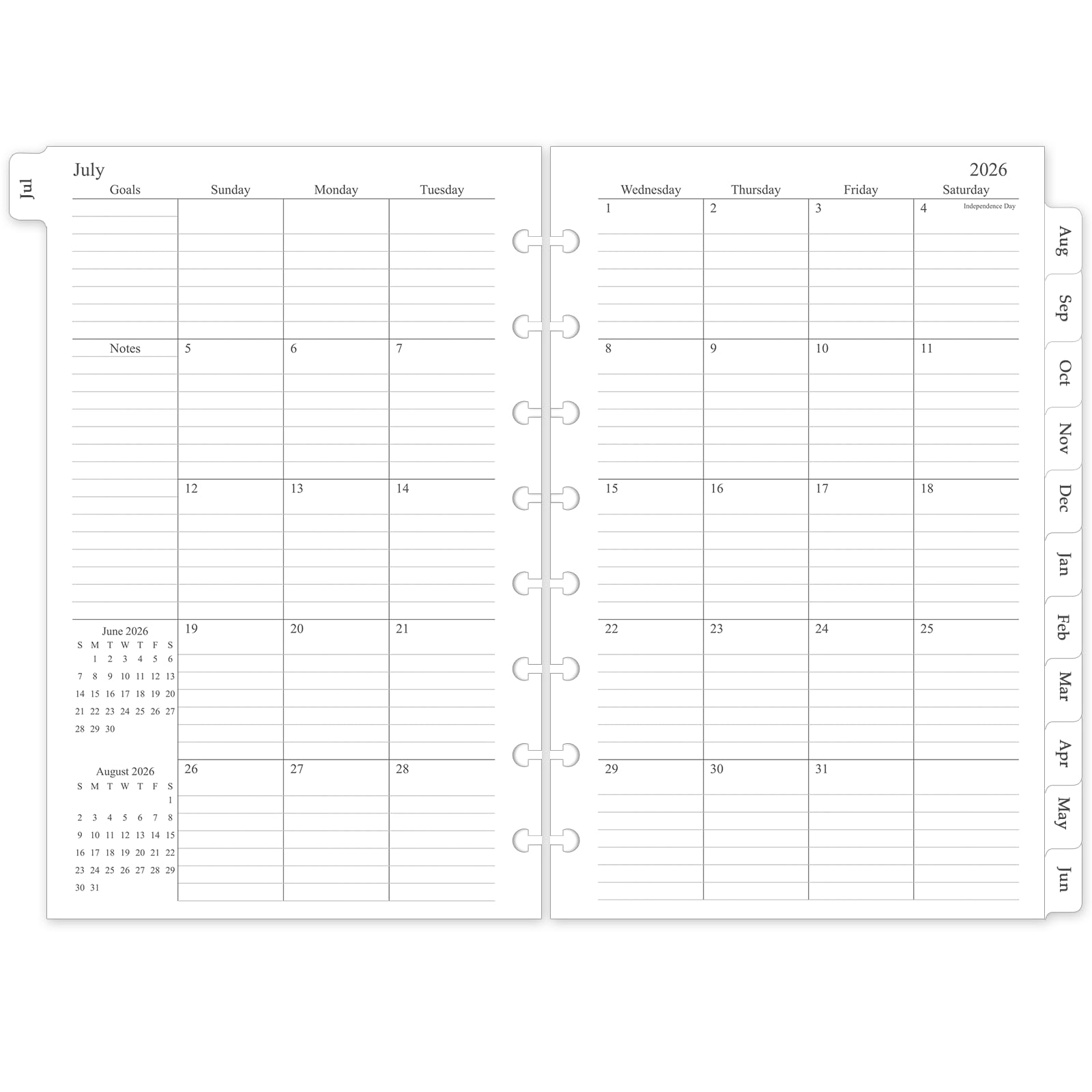 2026-2027 Monthly Planner Refill, A5 Medium Size Planner Inserts for 8-Disc Discbound, 5.5"x8.5", Jul. 2026 - Dec. 2027, 18 Monthly Calendars with Laminated Tabs