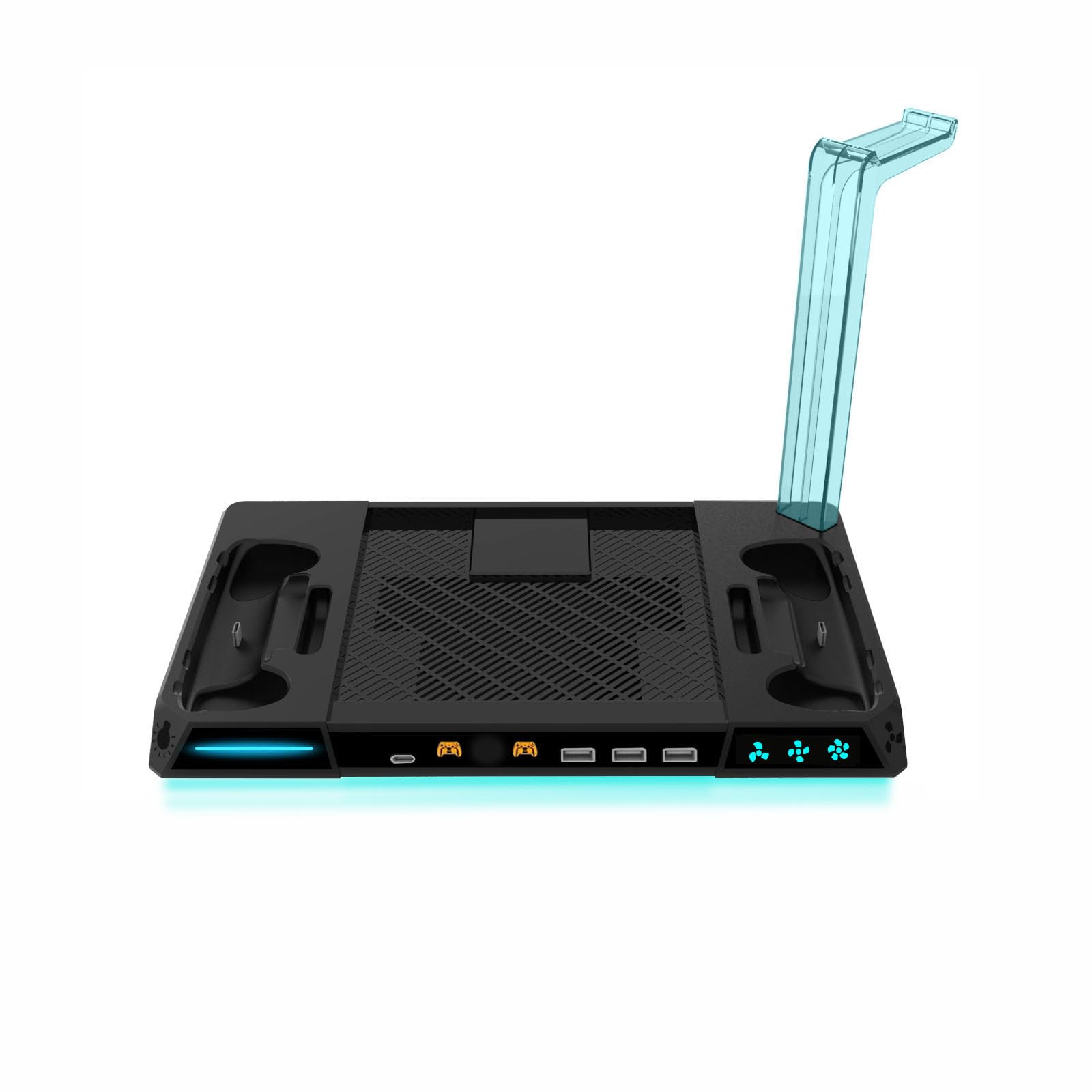 Base de carga para máquina de vapor con ventilador de refrigeración de 3 velocidades, luces RGB, 2 cargadores de controlador, hub USB, soporte para auriculares