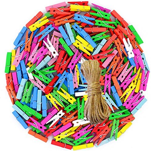 IFfree 100Pcs Mini Colored Natural Wooden Clothespins Photo Paper Peg Pin Craft Clips with 27yd Jute Twine