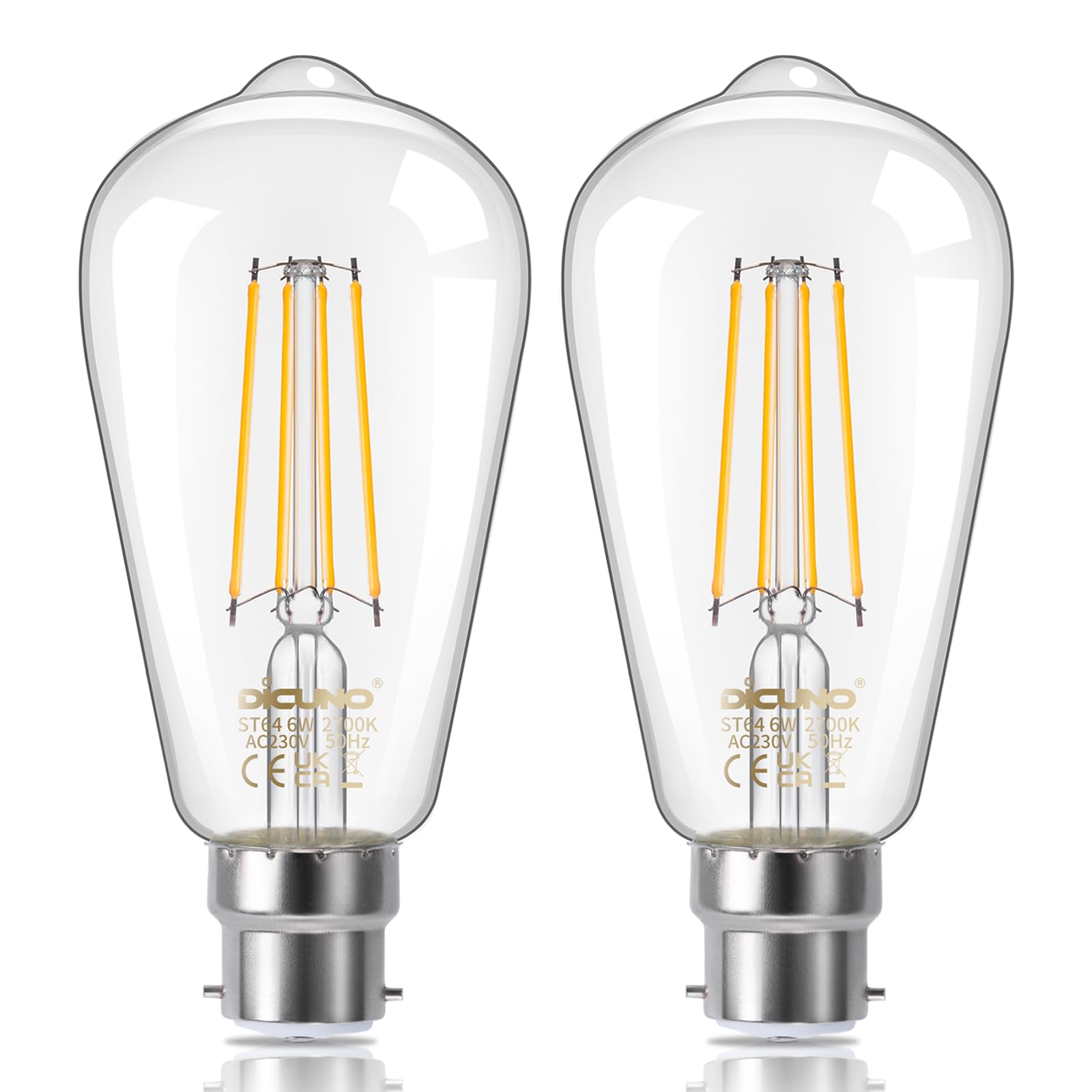 DiCUNO Vintage Edison Light Bulb B22 Bayonet Light ST64, 6W Equivalent to 60W, Filament Clear LED Bulb, Warm White 2700K