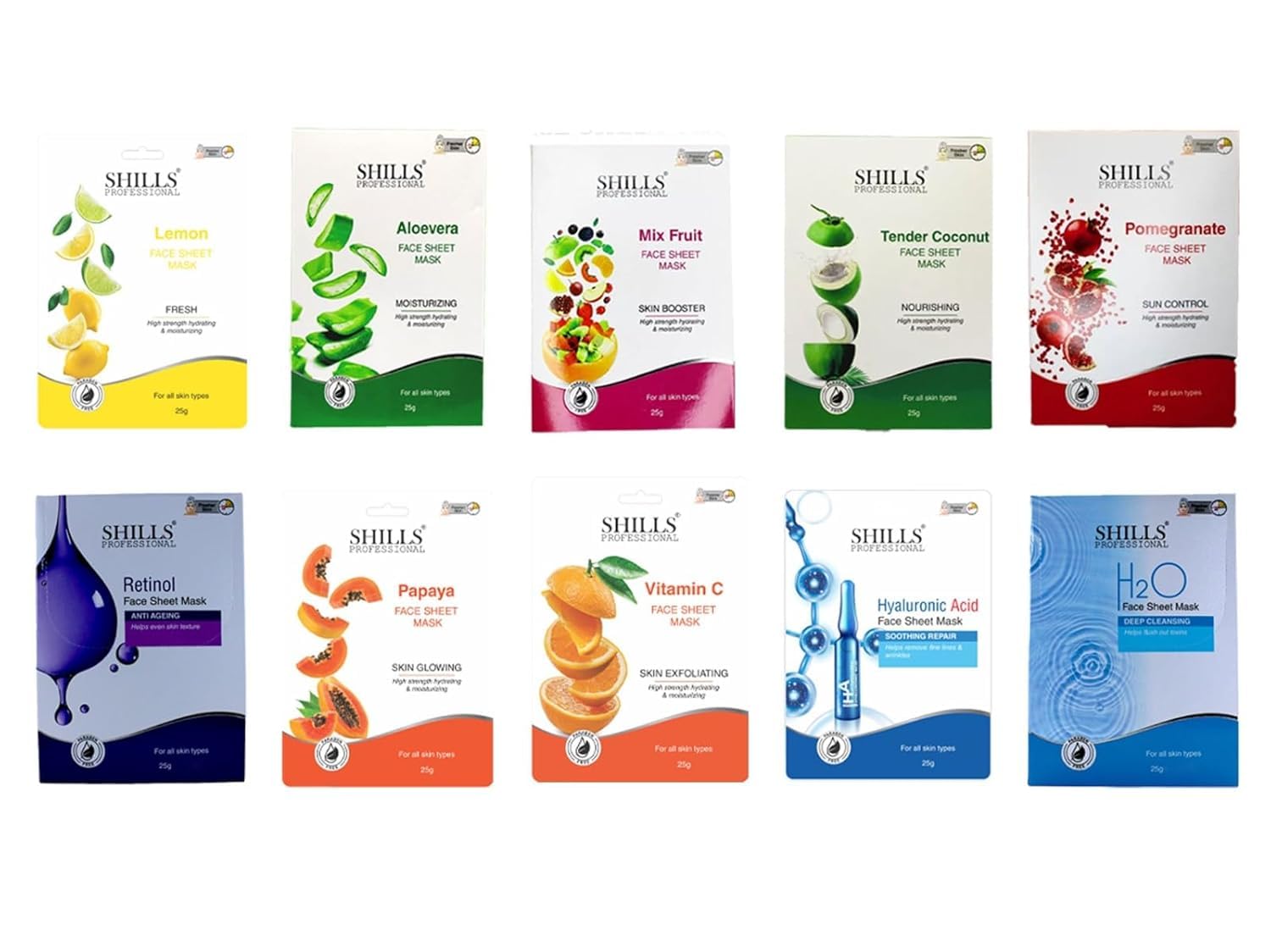 PRATHNA CREATION Face Sheet Mask Set, 10 Variants, 25g Each - Lemon, Aloe Vera, Mix Fruit, Coconut, Pomegranate, Retinol, Papaya, Vitamin C, Hyaluronic Acid, H2O