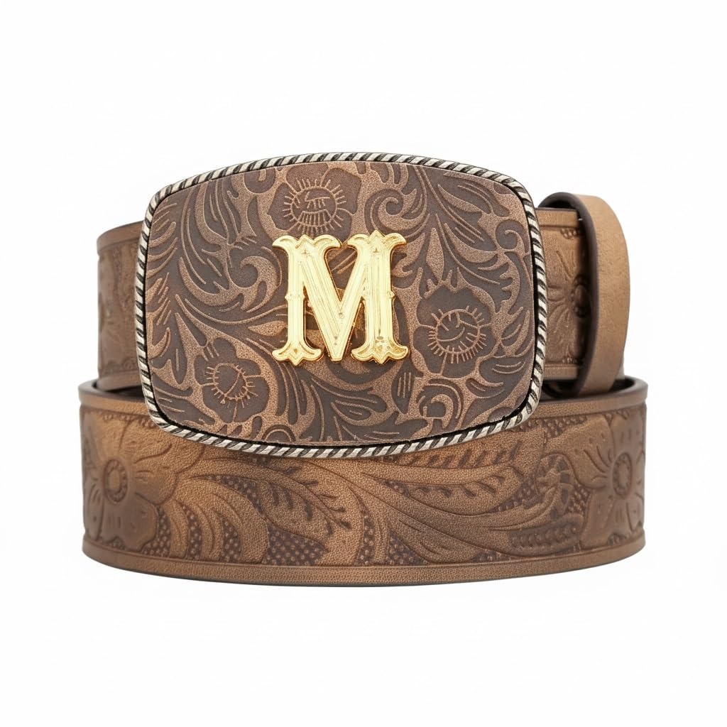 Ceinture western dorée avec initiale M en cuir PU fleuri - 3
