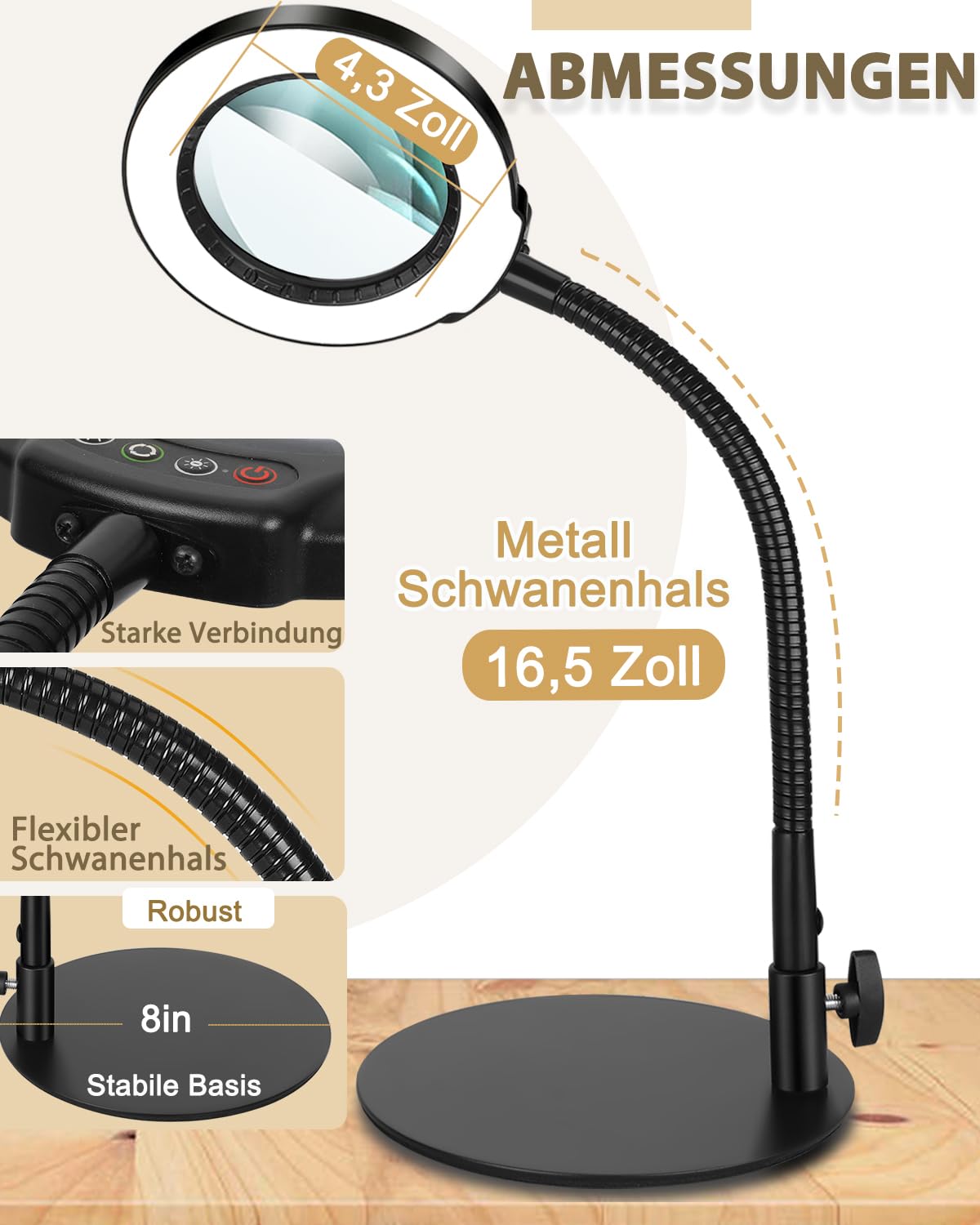 Veemagni 12X Lupe mit Licht und Standfuß, Groß 16,5 Zoll Flexibler Schwanenhals, stufenlos dimmbare LED-Schreibtischlampe mit 5 Farbmodi, freihändige Lupe für Basteln, Hobbys, Nähen, Schwarz