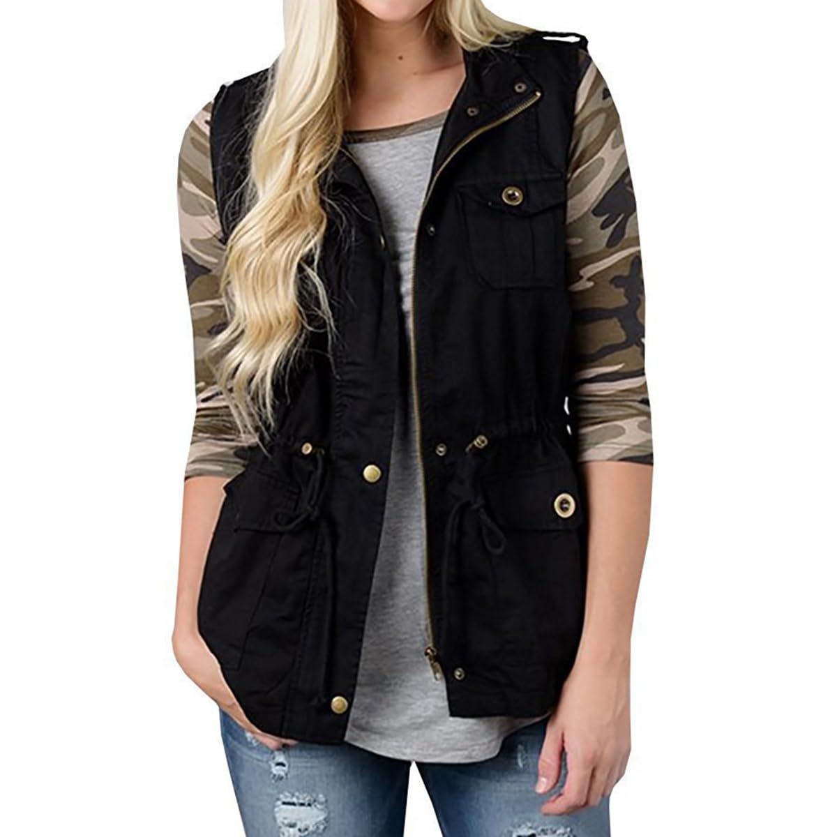 Minetom Femmes Poches Fonctionnelles Cordon De Serrage Taille Gilet Cargo Veste Sans Manches Blouson Reporter Travail Camping Randonnée Outwear