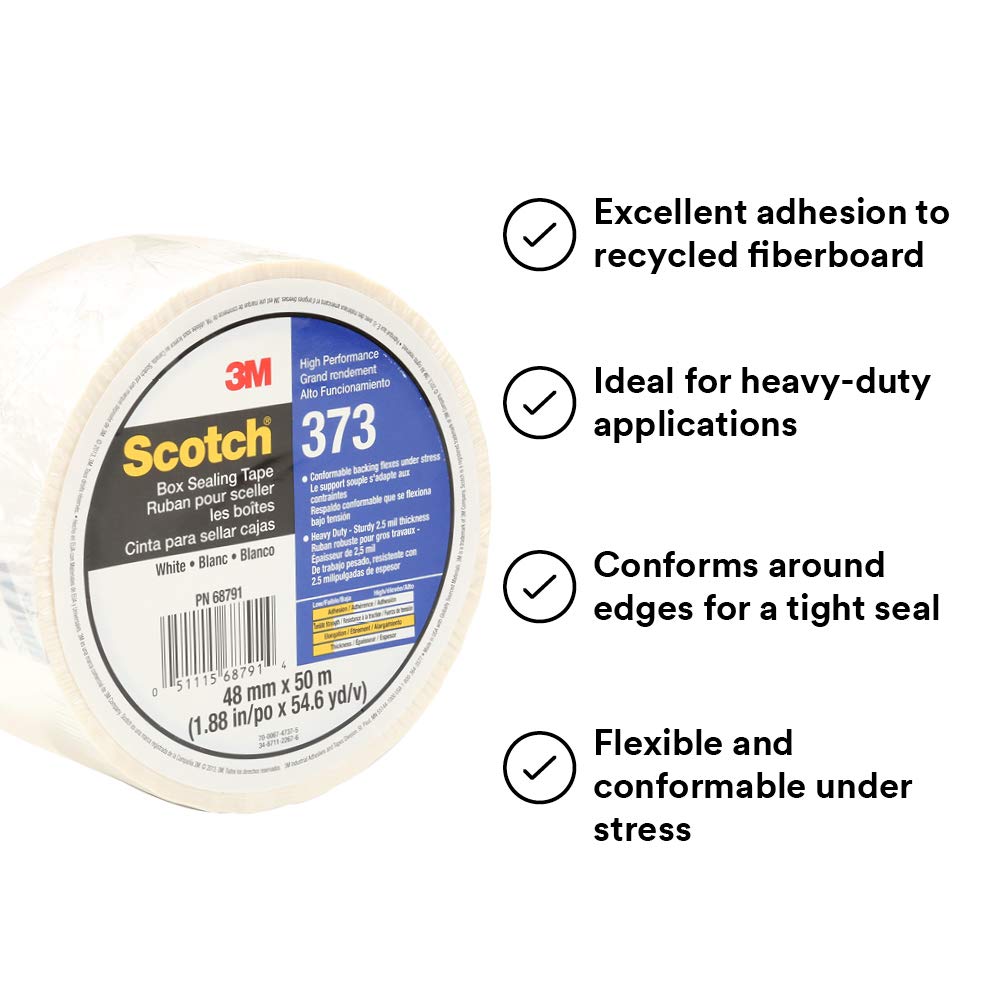 3M Scotch 373 Industrial-Grade Packing Tape, White, 48 mm x 50 m, High Performance Sealing Tape for Heavy-Duty Commercial Box and Carton Sealing, Moving, Packaging and Shipping, 1 Pack