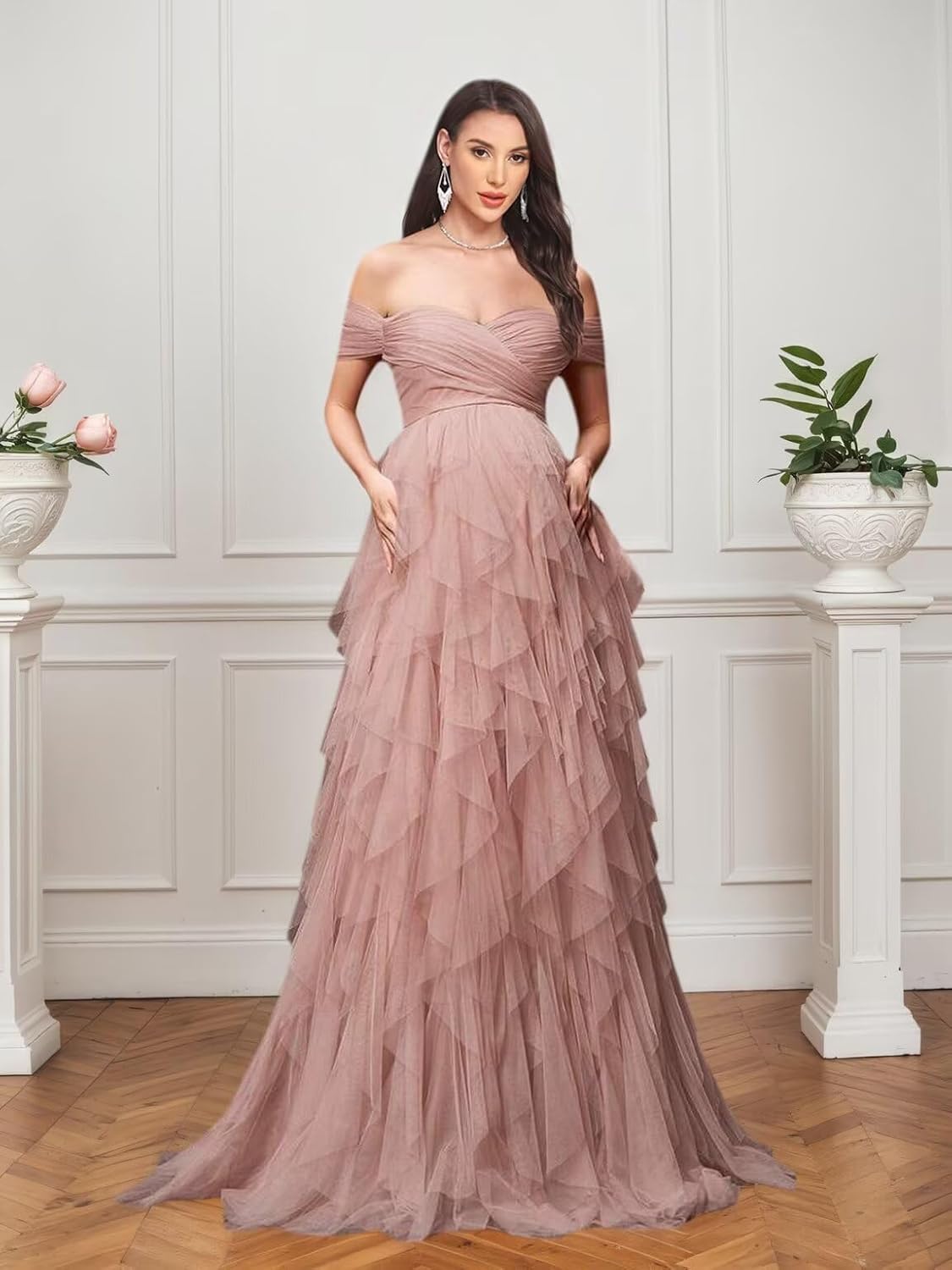 Women's Tulle Maternity Dresses for Photoshoot Off Shoulder Tiered Ruffle Baby Shower Dress