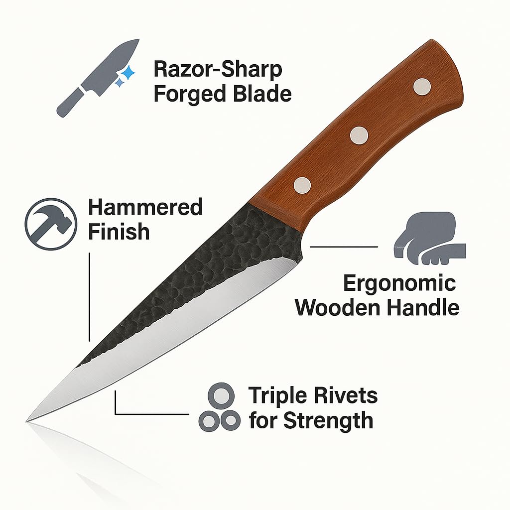 Machado Utility Knife | Hammered Stainless Steel Kitchen Knife with Wooden Handle | Sharp Multipurpose Knife for Cutting, Slicing & Chopping | Professional Chef & Home Use 1