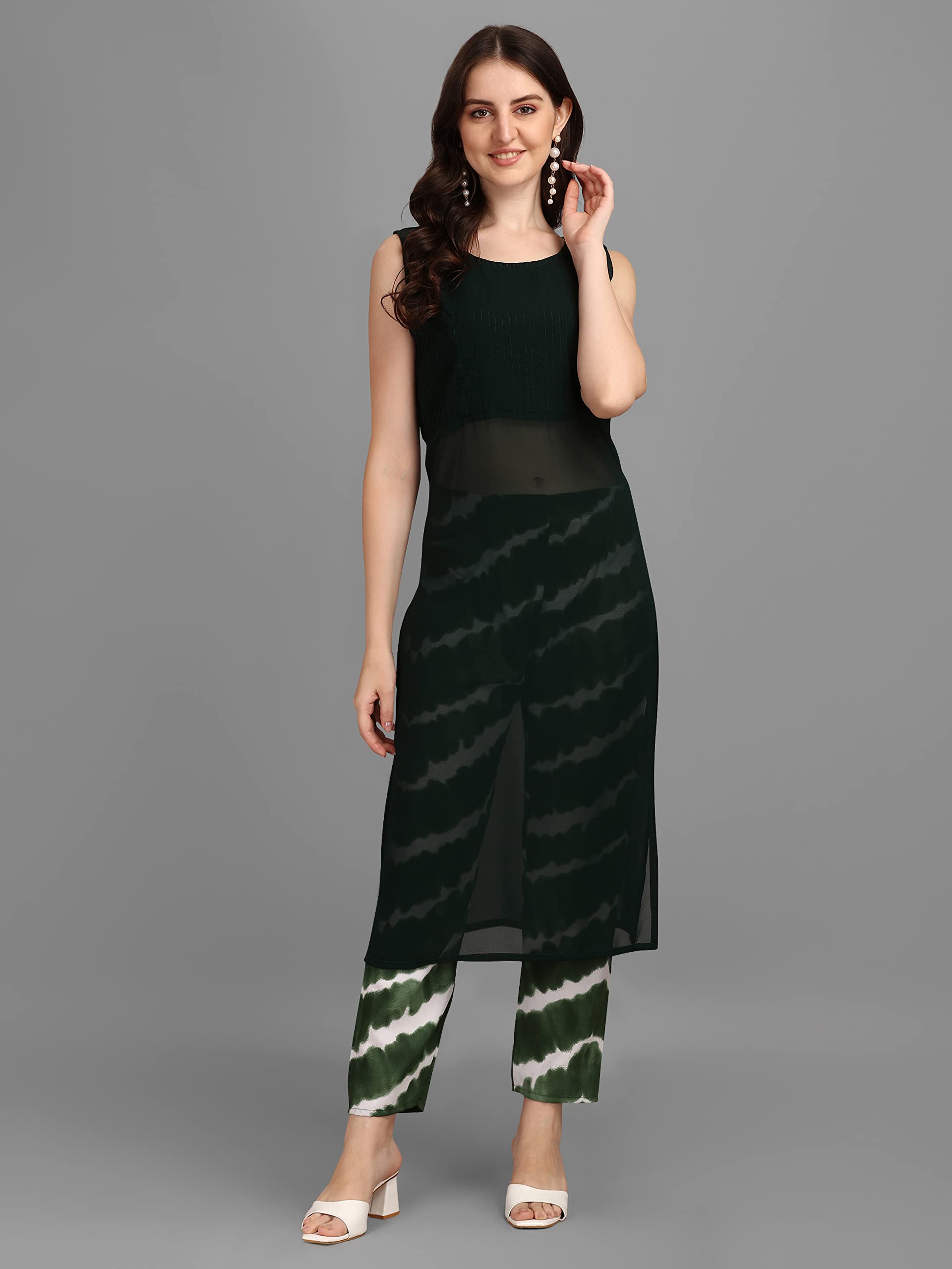 Gufrina Women's Rayon Kurta Pant With Round Neck Sleeveless Solid Pattern Calf Length A Line Style And Regular Fit