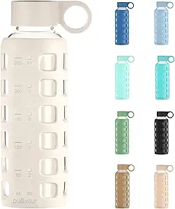 purifyou 40oz / 32oz / 22oz / 12oz Borosilicate Glass Water Bottle with Time & Volume Markers, Silicone Sleeve, Stainless Steel Lid | Reusable Glass Bottle for Water & Juice (12oz Pearled Ivory)