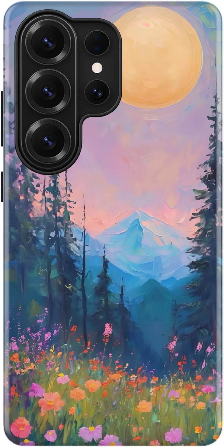 DorisMax for Samsung Galaxy S26 Ultra Case Cute, Wireless Charging, Glossy Aesthetic Floral Design, Slim Hard Back + Silicone Bumper Protective Phone Cover for Girls Women - Twilight Mountain Floral