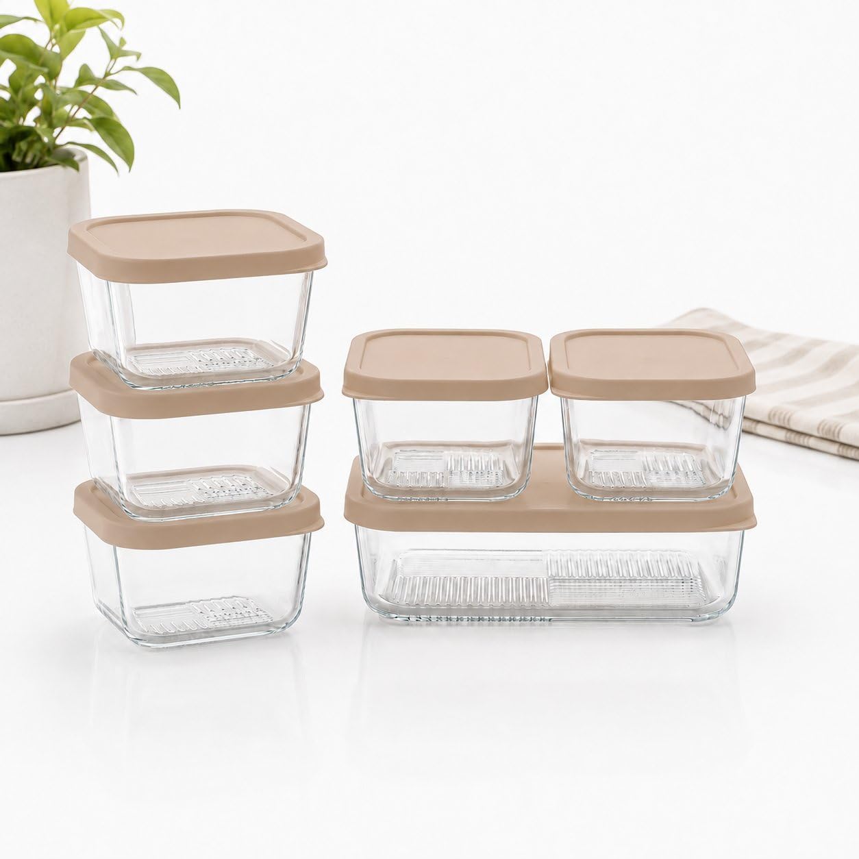 Glass Food Storage Containers with Lids - 12 Piece - 3 x 10.5 oz, 1 x 26.5 oz & 2 x 40.57 oz Glass with BPA-Free Leak Resistant Stackable Lids - Microwave, Oven & Dishwasher Safe - Cashew Cream image 2