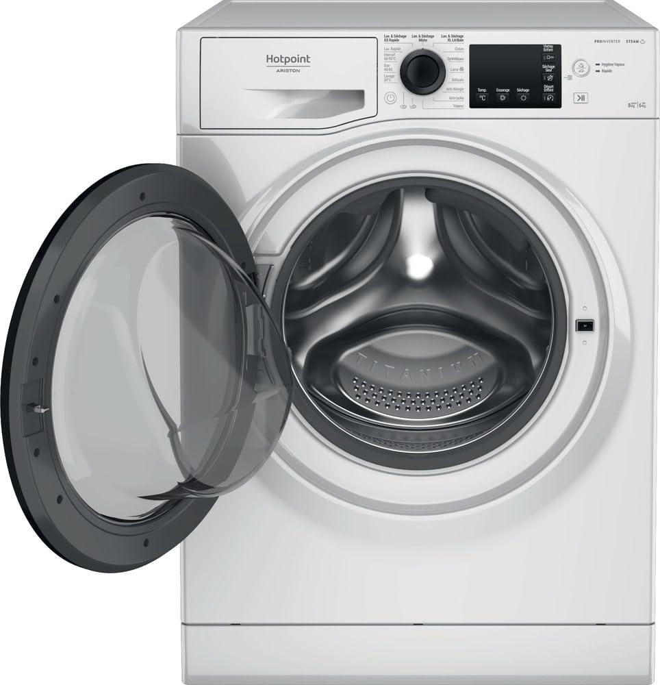 Hotpoint - NDB8635KFR Lave-linge Séchant Posable - Capacité 8 kg - Chargement Frontal, 1351 tr/min, Moteur Inverter, Vapeur Anti-odeur - H 85 x L 59.5 x P 54 cm - Classe Énergétique D - Blanc