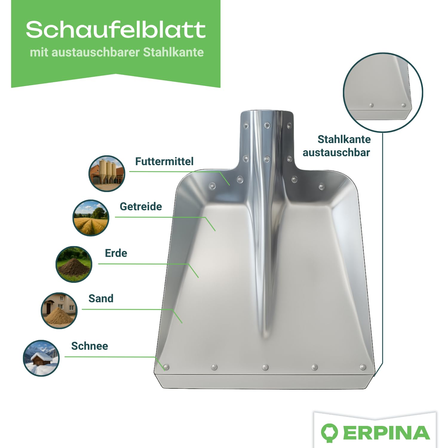 5 x ERPINA aluminiowa szufla rozm. 9 ze stalową krawędzią o szerokości 38 cm z trzonkiem – wytrzymała i lekka – wszechstronne zastosowanie w ogrodzie, na podwórku i w stajni – efektywna przy