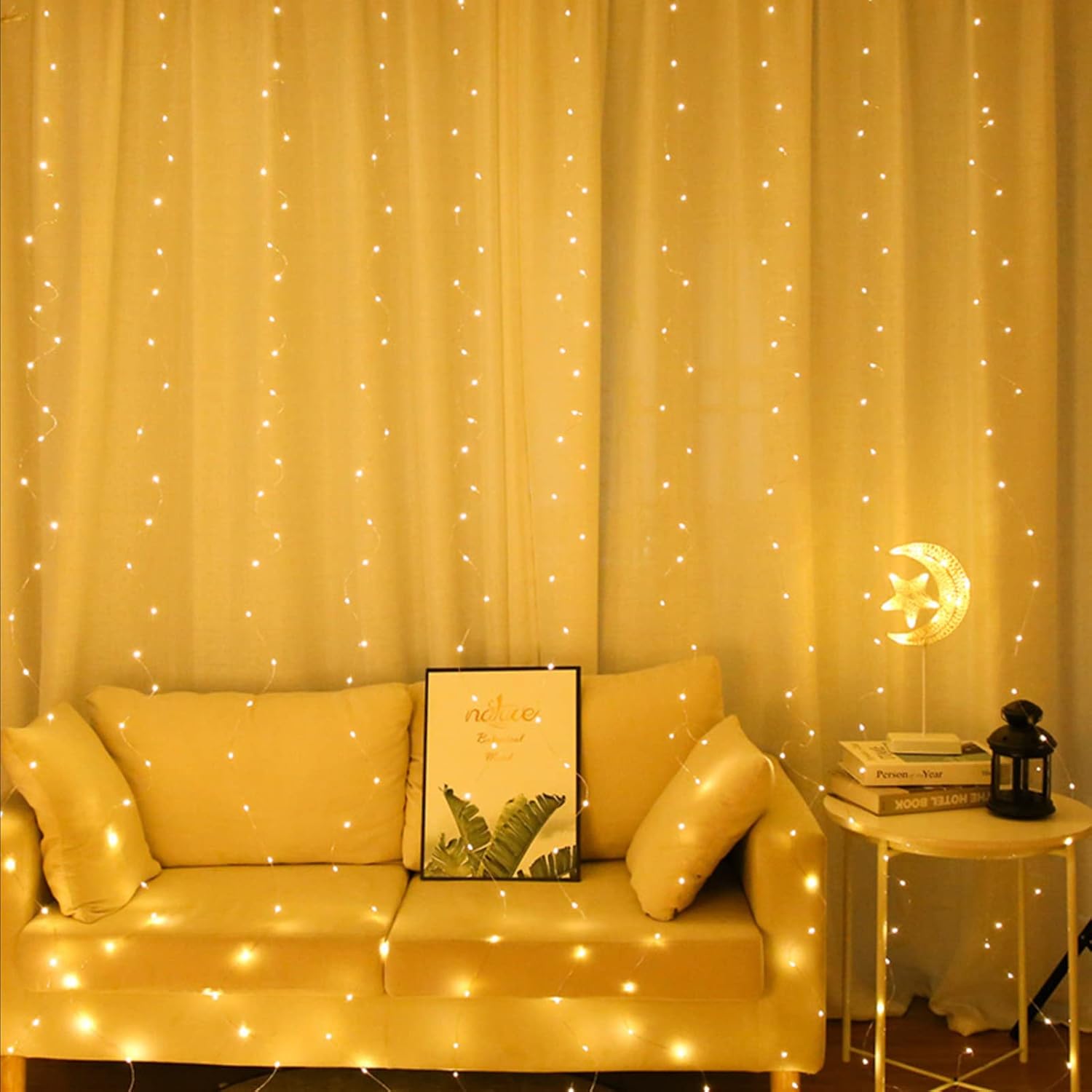 300LED Copper Wire Curtain Lights, 8 Modes DIY Pattern Flexible String Lights with Remote, Window and Wall Decorations for Garden, Room, Party (Warm White)