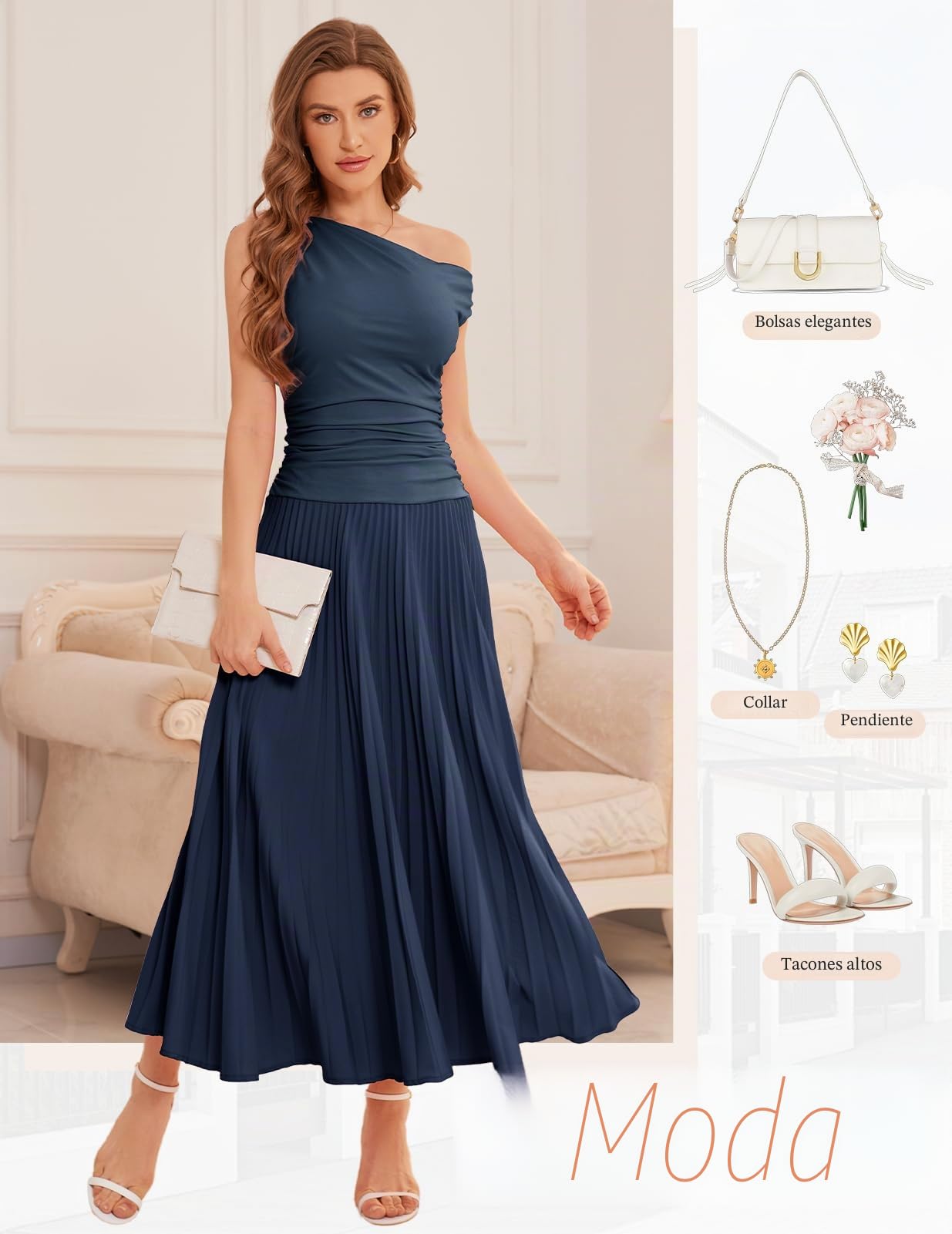 Bbonlinedress Vestido de cóctel largo plisado con un hombro descubierto, formal, para invitada de boda, verano, diario, fiesta