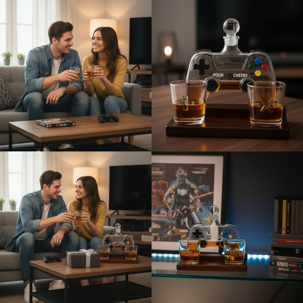 Gaming Controller Whiskey Decanter Set with 2 Glasses & Stand – 850ml Glass Decanter, Video Game Gift for Dad Husband or Boyfriend Valentine's Day Barware for Home Bar Man Cave Birthdays Father’s Day
