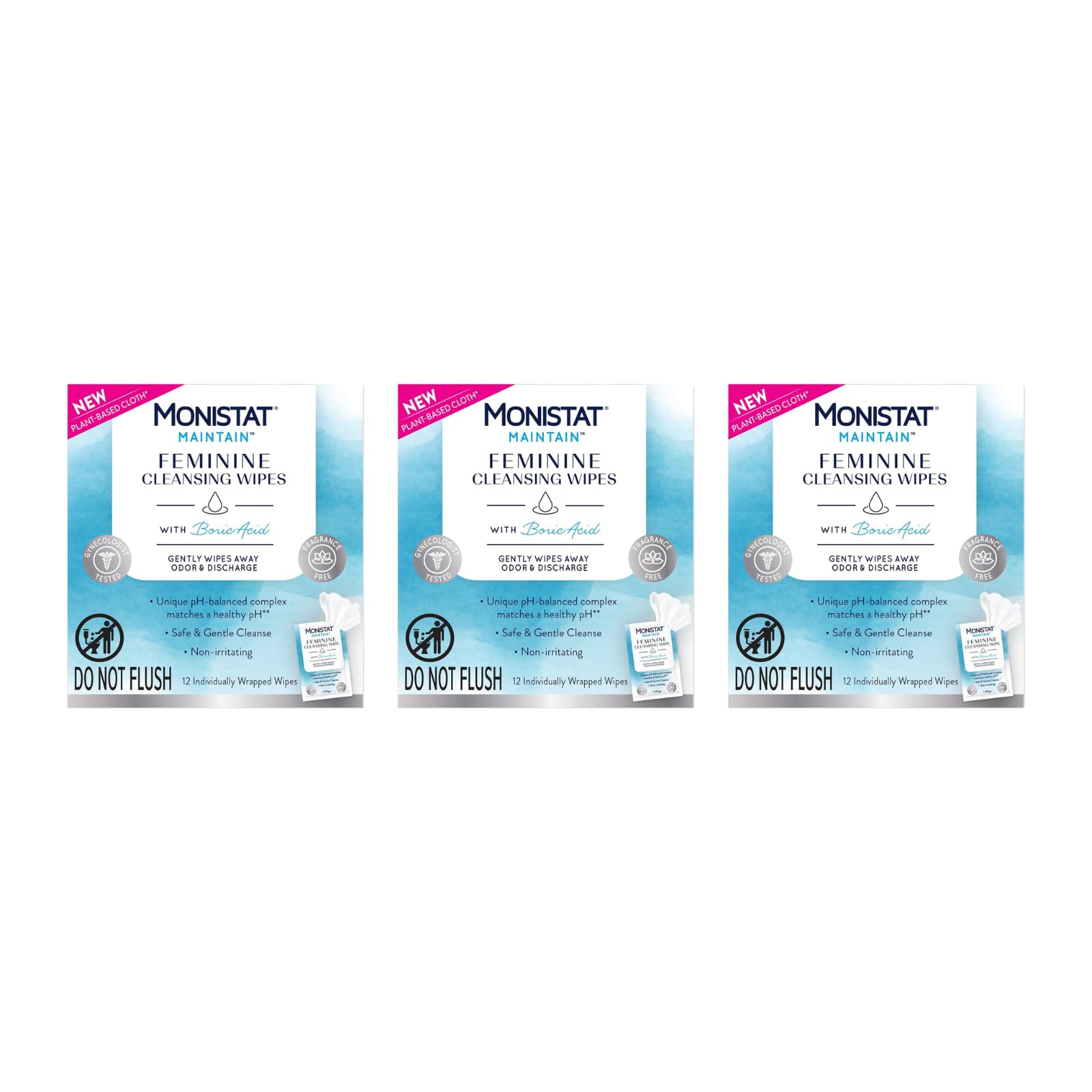Monistat Maintain Feminine Wipes for Feminine Care Fragrance Free 12 CT Pack of 3