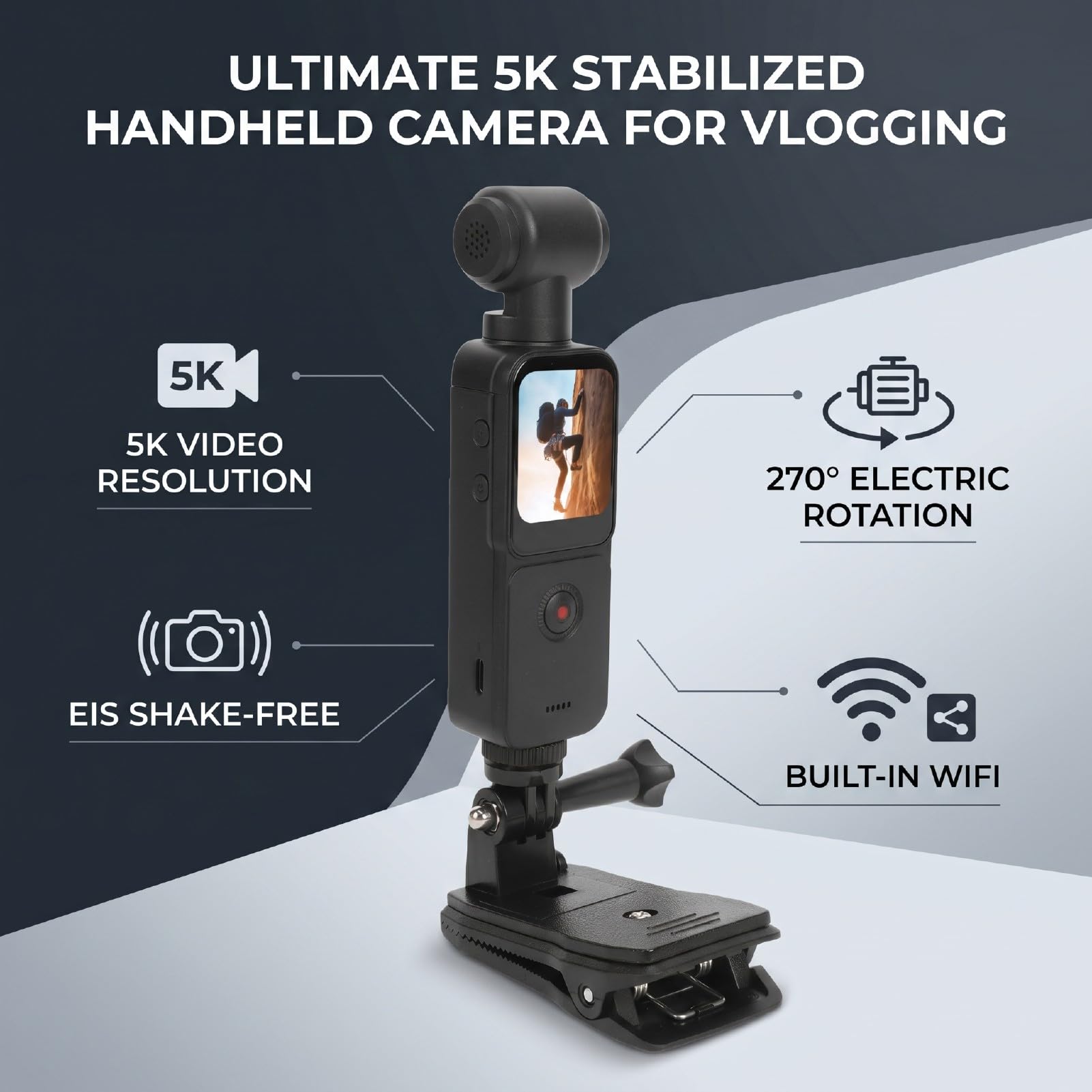 Cámara de Mano, Cámara de Vídeo HD 5K 16MP con Rotación de 270 Grados WiFi EIS Pantalla Táctil de 1,69 Pulgadas para Vlogging de Viajes y Creación de Contenido