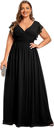 Ever-Pretty Plus Womens Summer Chiffon Ruffles Sleeve Pleated Back Cutout Plus Size Bridesmaid Dresses Formal Gowns