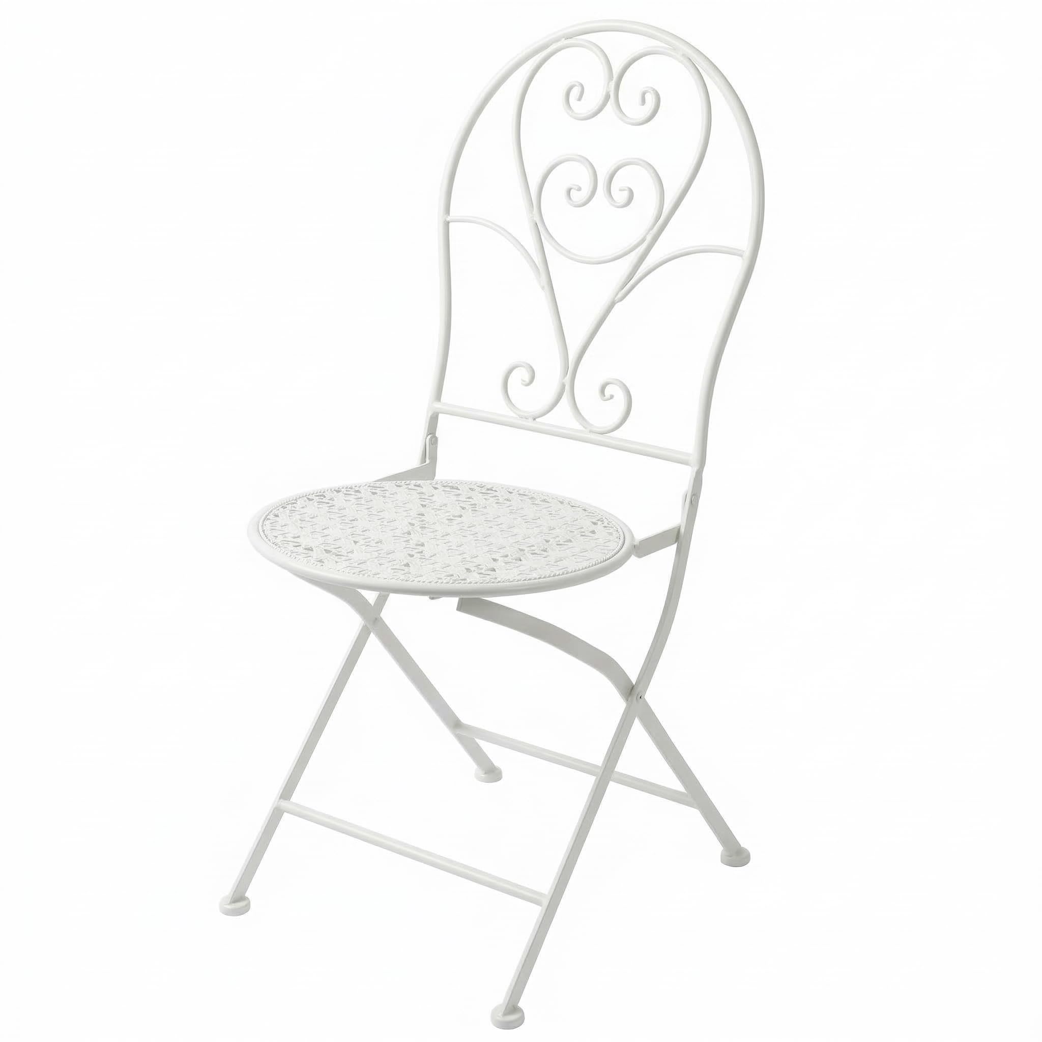 DiKasa Sedia Pieghevole in metallo bianco stile shabby chic - Sedia in ferro battuto con seduta rotonda senza braccioli, salvaspazio per giardino, balcone, cucina, terrazza ed eventi, 40x54x94 cm