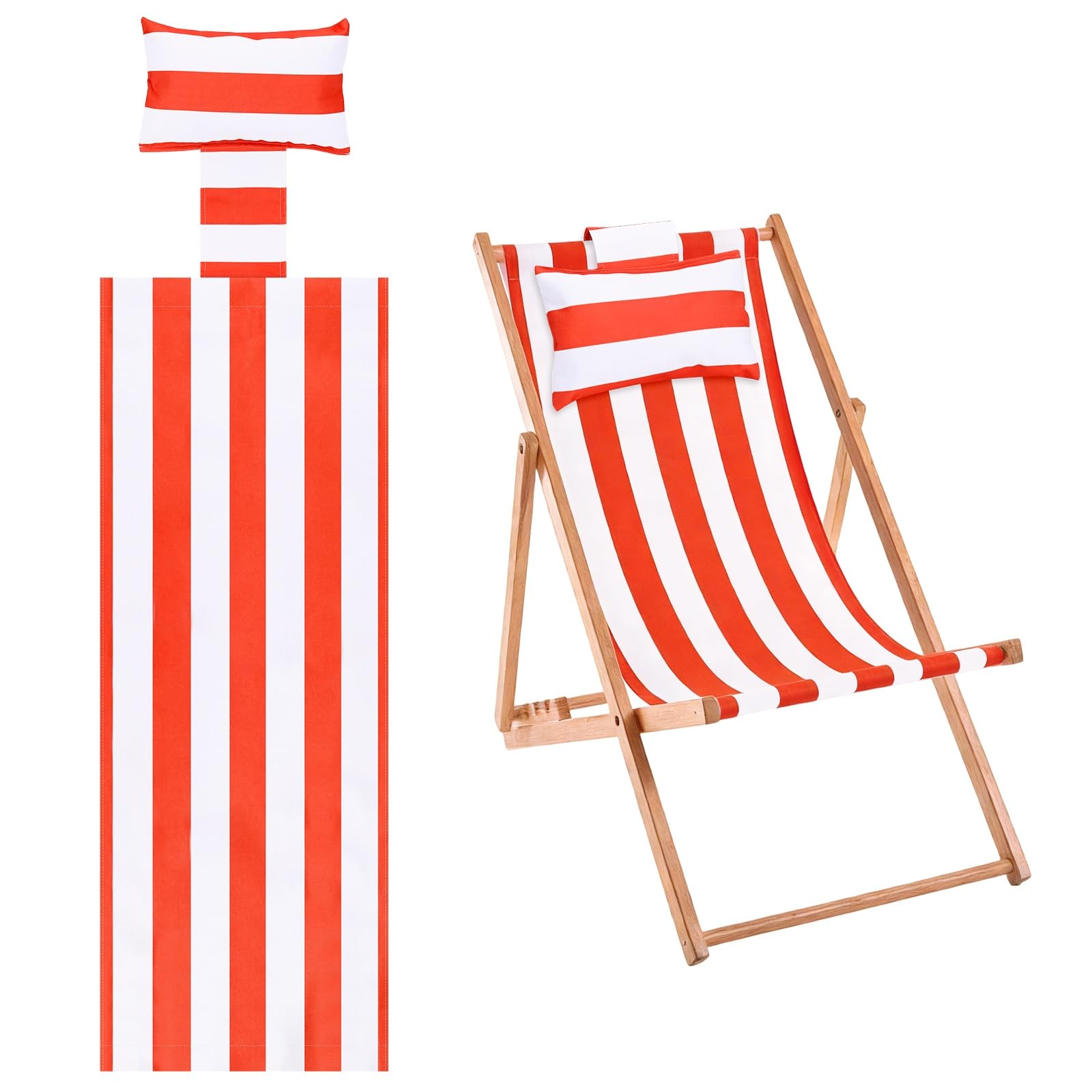 M METERXITY Beach Sling Chair Replacement Canvas, 16x44.5 Inch Folding Lounge Chair Fabric with Pillow for Beach/Sunbathing/Courtyard/Garden [Striped Red, Only Replacement]