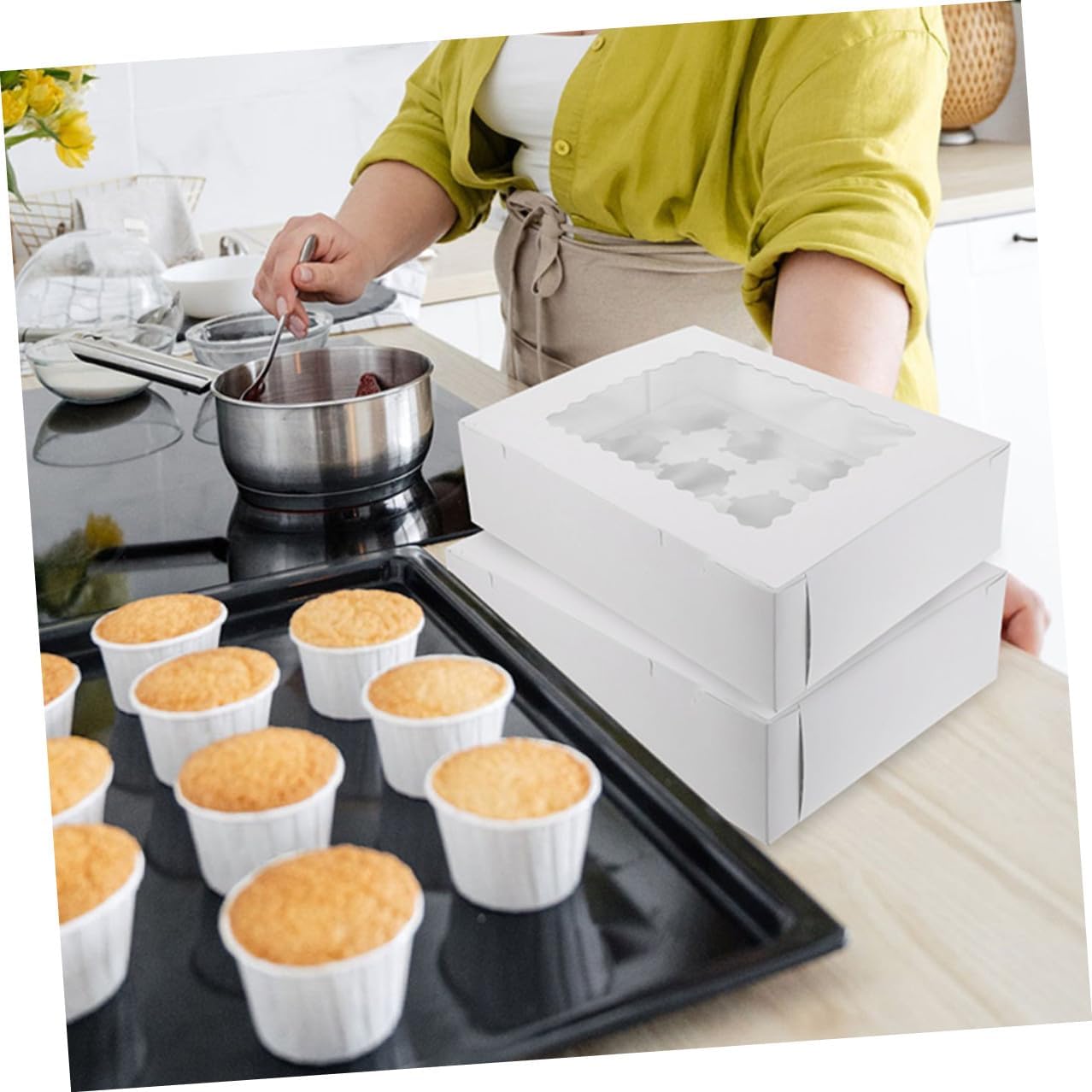 10pcs Muffin Cake Box with Window, White Cardboard Pastry Packaging Boxes for Cupcakes and Muffins, Bakery Food Storage Container for Birthday and Party Use