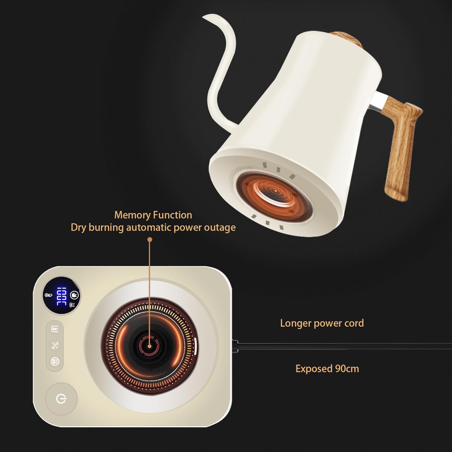 Electric Kettles, Gooseneck Electric Kettle, ±1℉ Temperature Control, Stainless Steel Inner, Quick Heating, for Pour Over Coffee, Brew Tea, Boil Hot Water, 0.9L (White)