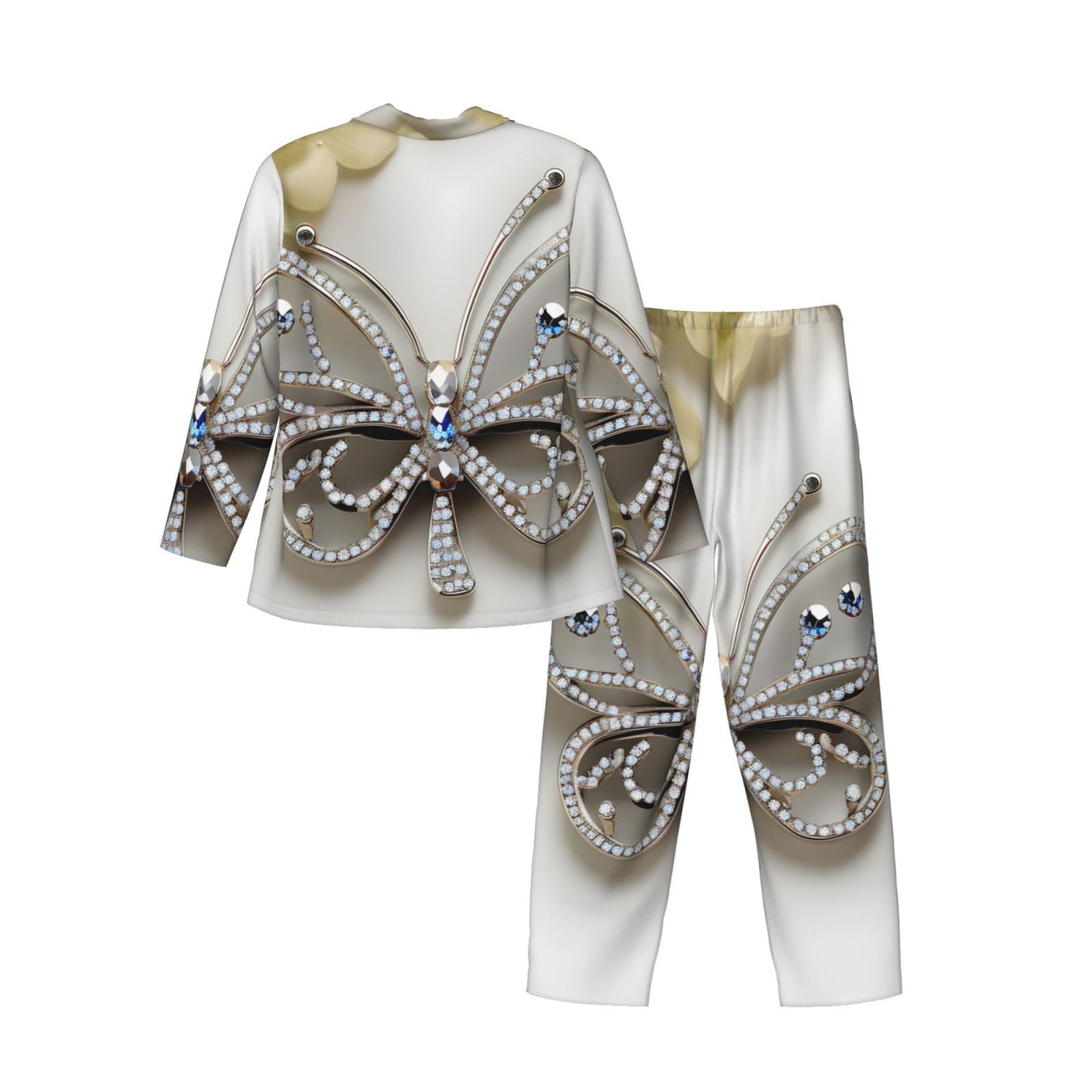 Conjunto de pijama de manga larga para hombre, diseño de mariposa y flores con diamantes de imitación, transpirable, cómodo