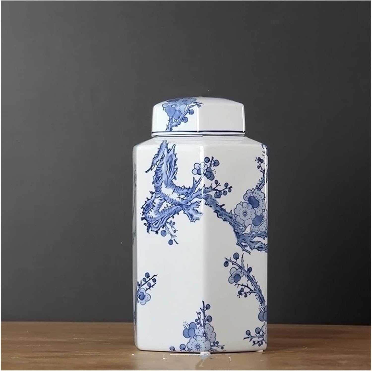 Vase Desktop Painted Tetragonal Ceramic Chinese Blue White Porcelain Plum Blossom Relief Craft Tall Floor Vases for Living Room