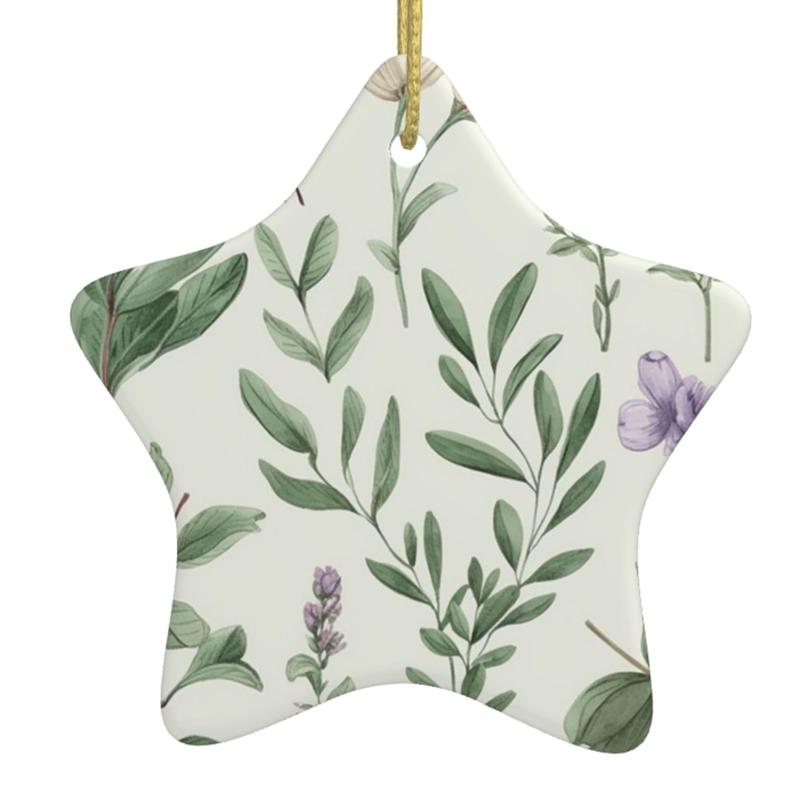 Fodpand Women's White Green Flower Herb Sage Leaves And Branches Christmas Ornaments 2025, Gift Exchange For Men, Collectible Ceramic Ornament Star Hanging Ornaments For Christmas Tree Decoration