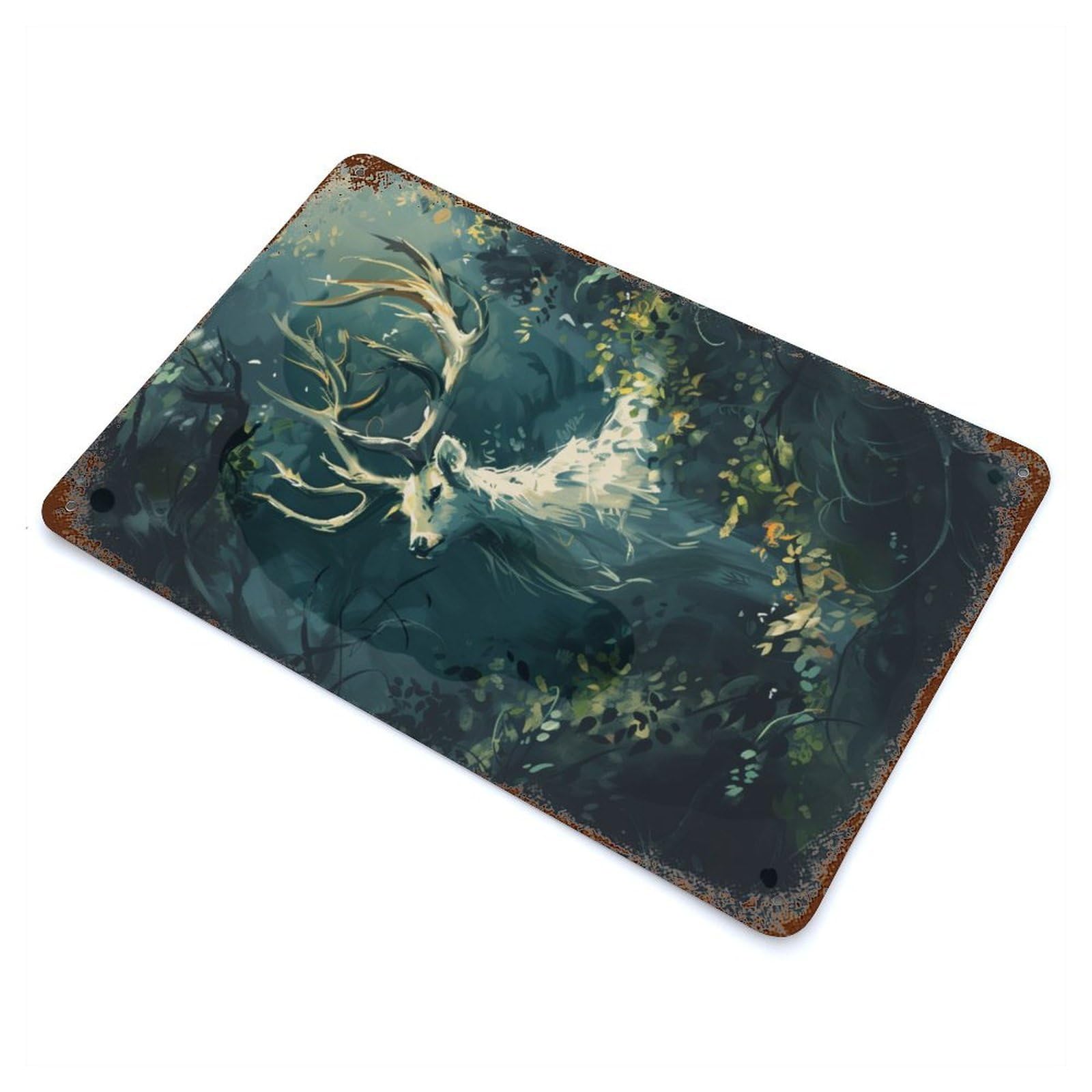 Garage Style White Deer in Jungle Aged Metal Wall Plaque 11.8"x7.9", Decorative Metal Wall Art for Bar And Workshop